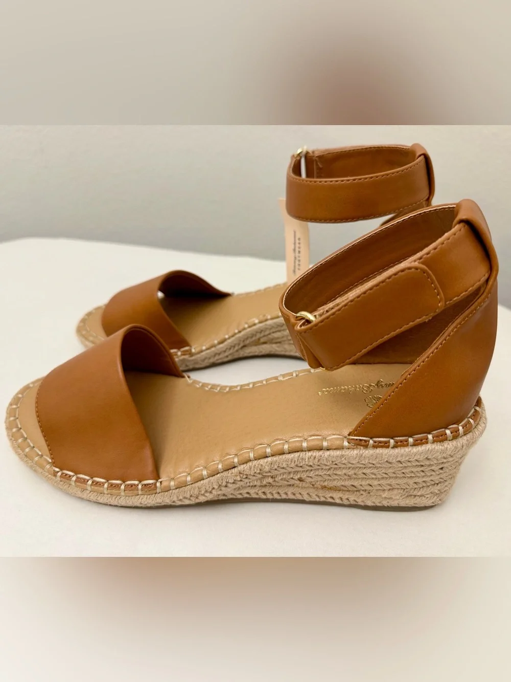 Tommy Bahama Cognac Leather Espadrille Wedges with Ankle Strap